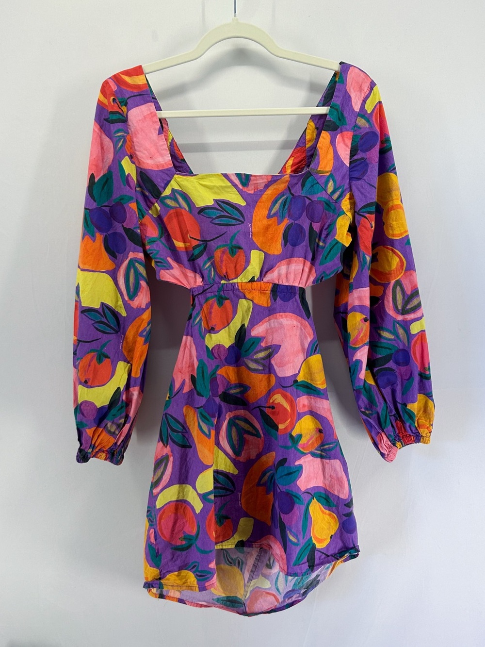 Farm Rio Vibrant Purple Long Sleeve Poplin Cotton Cut Out Mini Dress Fruit Print - Picture 3 of 11